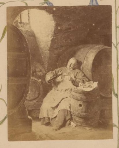 Photographic reproduction of a painting depicting a monk drinking wine by a wine barrel after Eduard Grützner