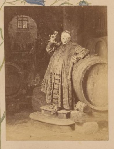 Photographic reproduction of a painting depicting a cardinal tasting wine by a wine barrel after Eduard Grützner