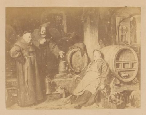 Photographic reproduction of a painting depicting two monks finding a drunken, sleeping monk in a wine cellar after Eduard Grützner