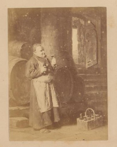 Photographic reproduction of a painting depicting a monk tasting wine in a wine cellar after Eduard Grützner