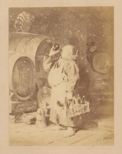 Photographic reproduction of a painting depicting a drinking monk with empty bottles in a wine cellar