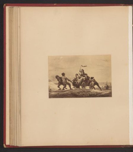 Photographic reproduction of a painting depicting children pulling a cart from a ship over the dunes