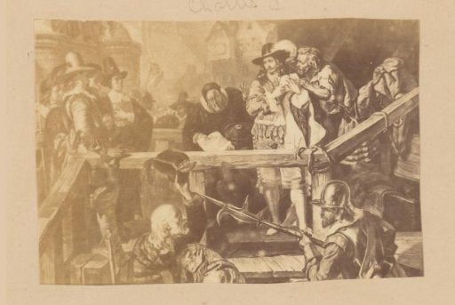 Photographic reproduction of a painting depicting presumably Charles I of England and a man being led to the scaffold