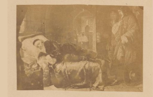 Photographic reproduction of a painting depicting a sleeping man in bed and two standing men