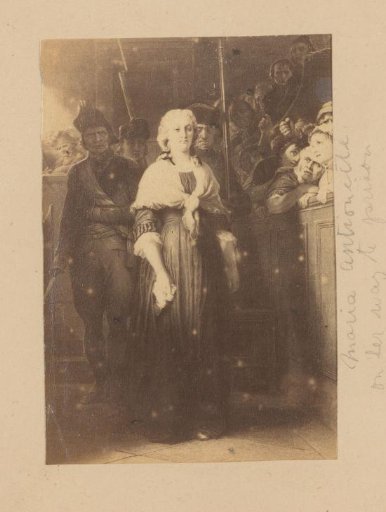Photographic reproduction of a painting depicting Marie Antoinette being led away from the courtroom