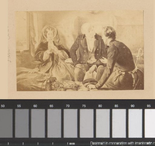 Photographic reproduction of a painting of three travelers conversing in a carriage