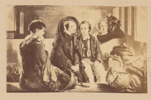 Photographic reproduction of a painting of a carriage with travelers
