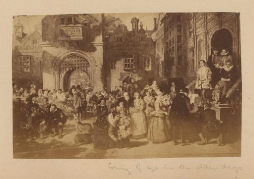 Photographic reproduction of a painting of festivities in a square