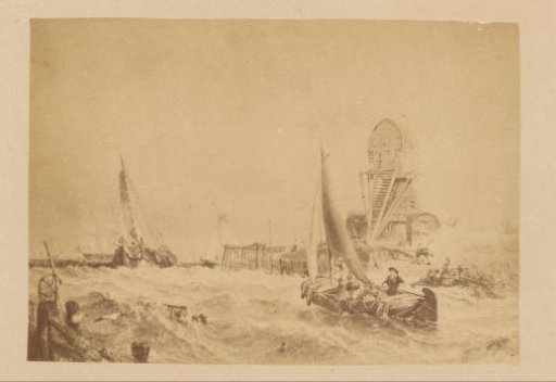 Photographic reproduction of a painting of boats in a rough sea near the harbor