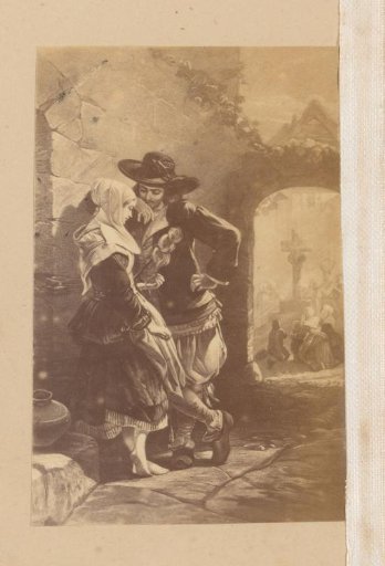 Photographic reproduction of a painting of two lovers in conversation