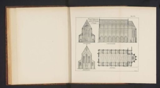 Reproduction of design drawings of a cross-section, side view, front view, and floor plan of a church for Jesuits in Bruges by Joseph Piscador