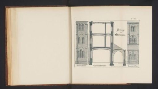 Reproduction of three design drawings of the Abbey of Maredsous in Denée, Belgium, by Joseph Piscador
