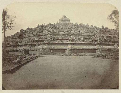 View of the north side of Borobudur with several reliefs and Buddha niches