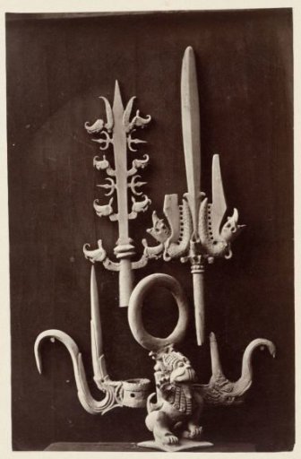 Ritual implements including a finial of a processional staff and part of a lion-shaped lamp, Talaga, Cirebon district, West Java province, 16th-18th century, Indonesia