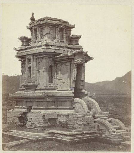 Candi Puntadewa, general view with the staircase projection (west). Dieng plateau, Wonosobo district, Central Java province, 8th-9th century