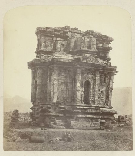 Candi Parikesit, general view (possibly from northwest) with sculptural remains scattered around. Dieng plateau, Wonosobo district, Central Java province, 9th century.