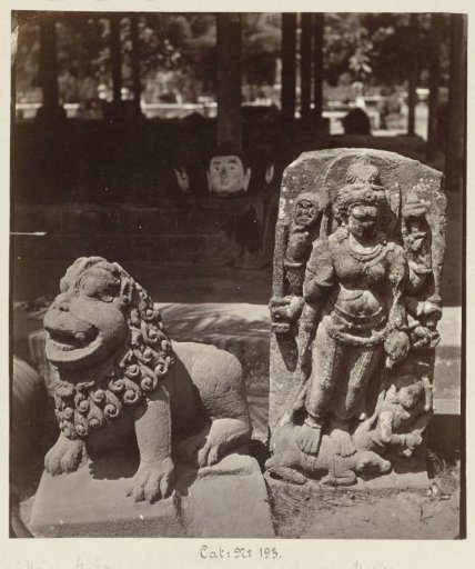 Stone lion and eight-armed Durga slaying the demon Mahisha (former Lichte collection). Yogyakarta, Yogyakarta district, D.I. Yogyakarta province, 9th century.