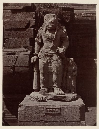 Candi Panataran (Temple Complex), Main Temple; dated dvarapala (with female attendant) guarding the left staircase, Panataran, Blitar district, East Java province, 1323-1347 AD, Indonesia