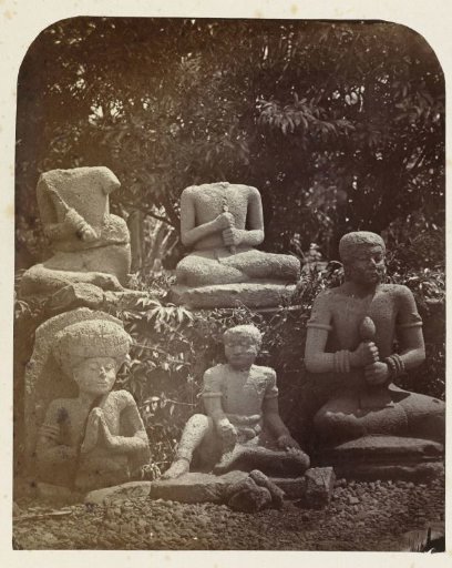 Group of ascetics displaying meditation-related actions. Pasir-Sinala, Ciampea, Bogor district, West Java province, 14th–16th century