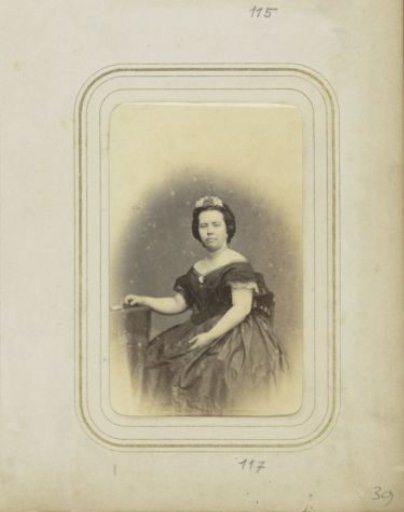 Portrait of a woman in a dress with short sleeves and a headdress