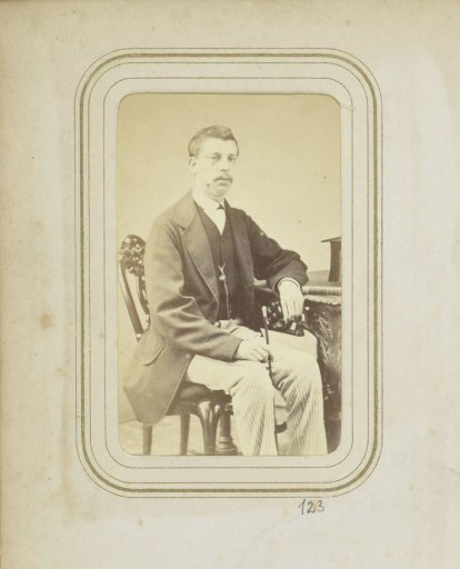 Portrait of F.H.P. Ligtenberg in a long coat with striped trousers and a walking stick