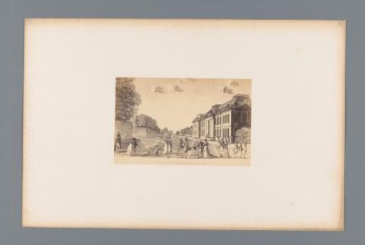 Photographic reproduction of a design for a view of the Château de Meudon, with walking figures in the foreground