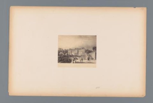 Photographic reproduction of a design for a view of the Château de Meudon, with walking figures in the foreground