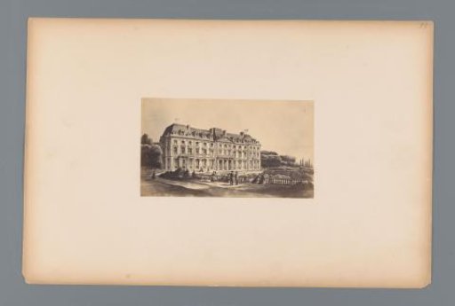 Photographic reproduction of a design for a view of the Château de Meudon, with walking figures in the foreground