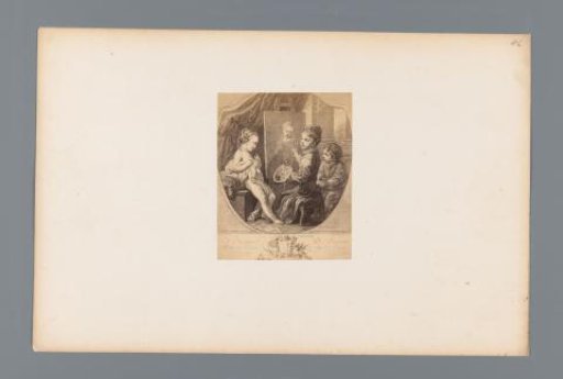 Photographic reproduction of a print of three children, one painting, one drawing, and one posing as a model, by Etienne Fessard