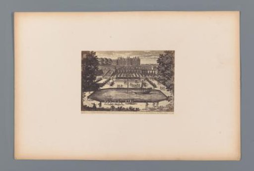 Photographic reproduction of a design for a view of the Château of Meudon, with a water feature and orangery in the foreground