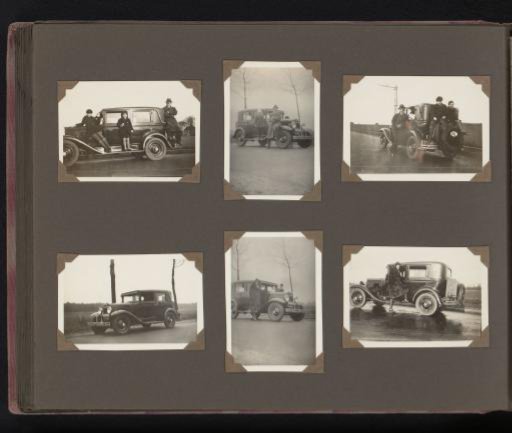Six portraits of acquaintances of Herman Besselaar and Berti Hoppe posing by a car