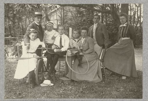 Family portrait of the Kesslers in the garden, J.B. Aug. Kessler operating the self-timer (self-portrait)