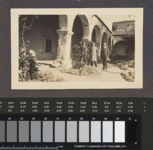 Three Men in the Courtyard of Mission San Juan Capistrano
