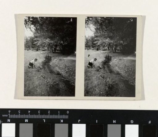 Young boy crouching in a grassy field looking at a flowing stream
