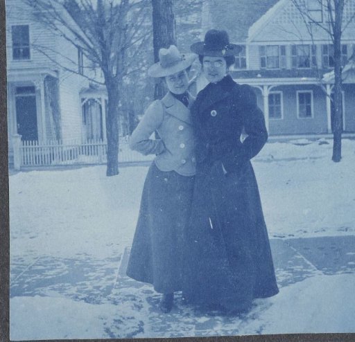 Two women on the street (in the snow), United States