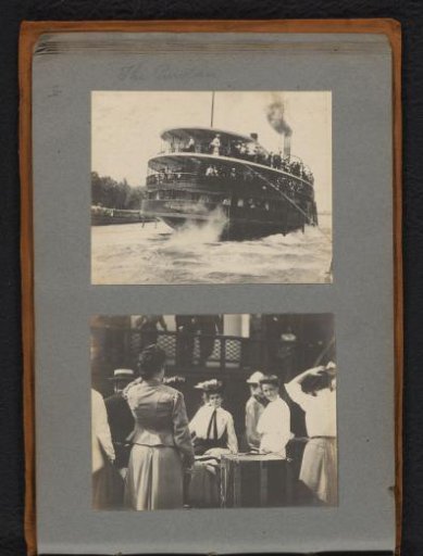 Steamship "The Puritan" launching and women with cabin trunks on a quay