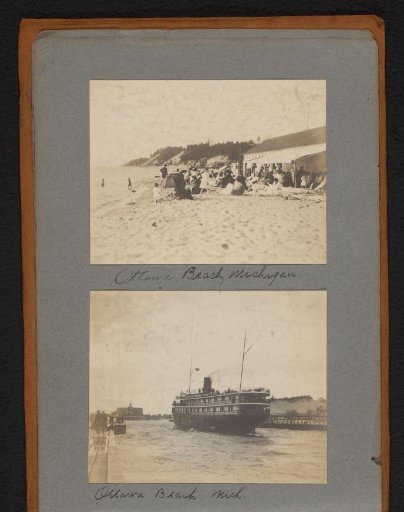 View of a beach with people and a sailing ship in Ottawa, Michigan