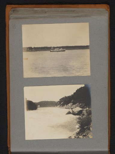 Steamship on the water and view of a lake or river, possibly near the Niagara Falls