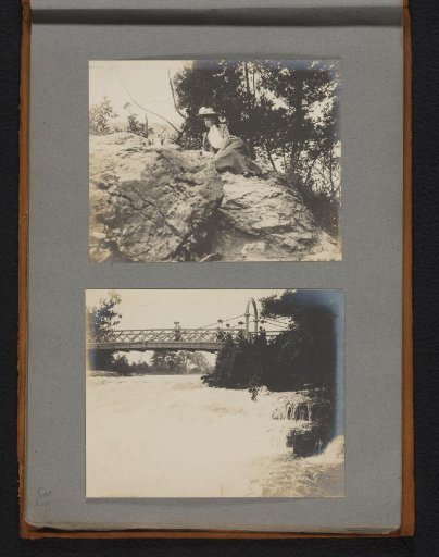 Woman Sitting on a Rock, Possibly Mary van der Mey, and Standing on a Bridge near the Niagara Falls