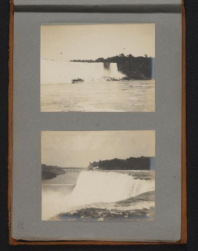 View of the Niagara Falls with a steamboat and the former Honeymoon Bridge