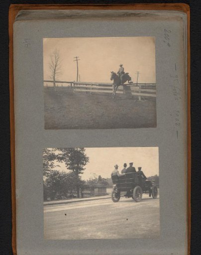 Man on horse jumping over a fence and four men riding in a carriage