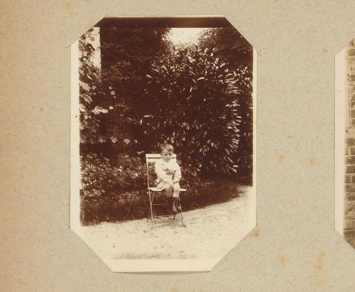 Portrait of a boy on a chair in a garden