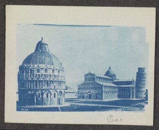 Photographic reproduction of a photograph of the Baptistery, cathedral, and tower of Pisa