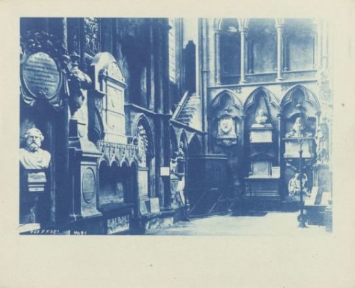 Photographic reproduction of a photograph of Poets' Corner in Westminster Abbey, London, with a bust of Henry Longfellow on the left