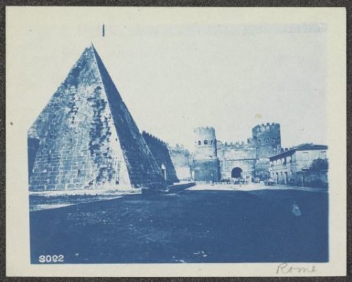 Photographic reproduction of a photograph of the Pyramid of Cestius and Porta San Paolo in Rome
