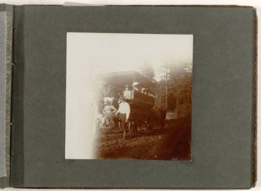 Group portrait of a party in and by a carriage, United States