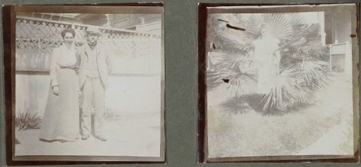 Portrait of a man and woman in front of a fence, United States