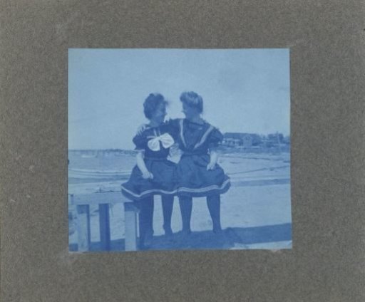 Two young women sitting on a fence at the beach, United States