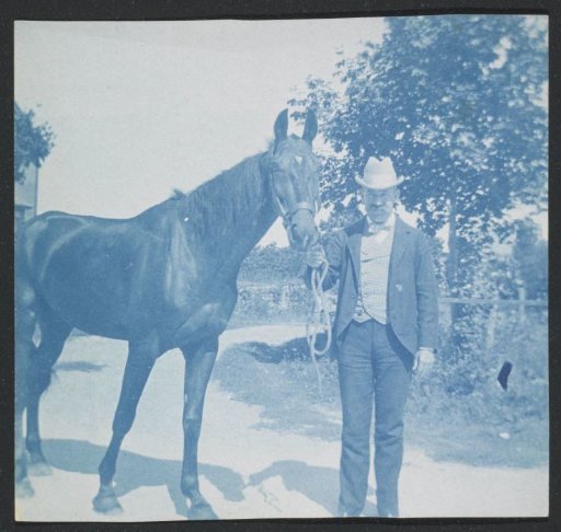Man holding a horse by the reins, United States