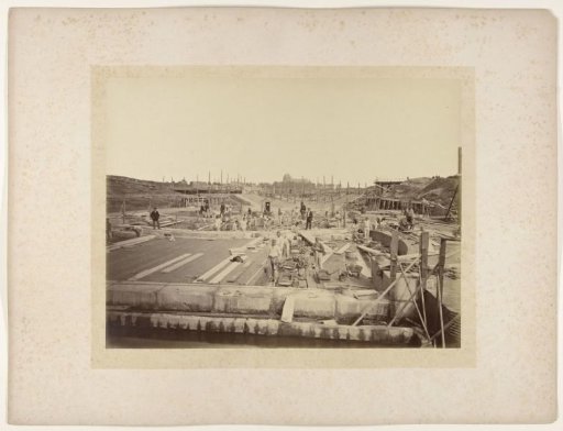 Veere, lock under construction, with the church tower in the background